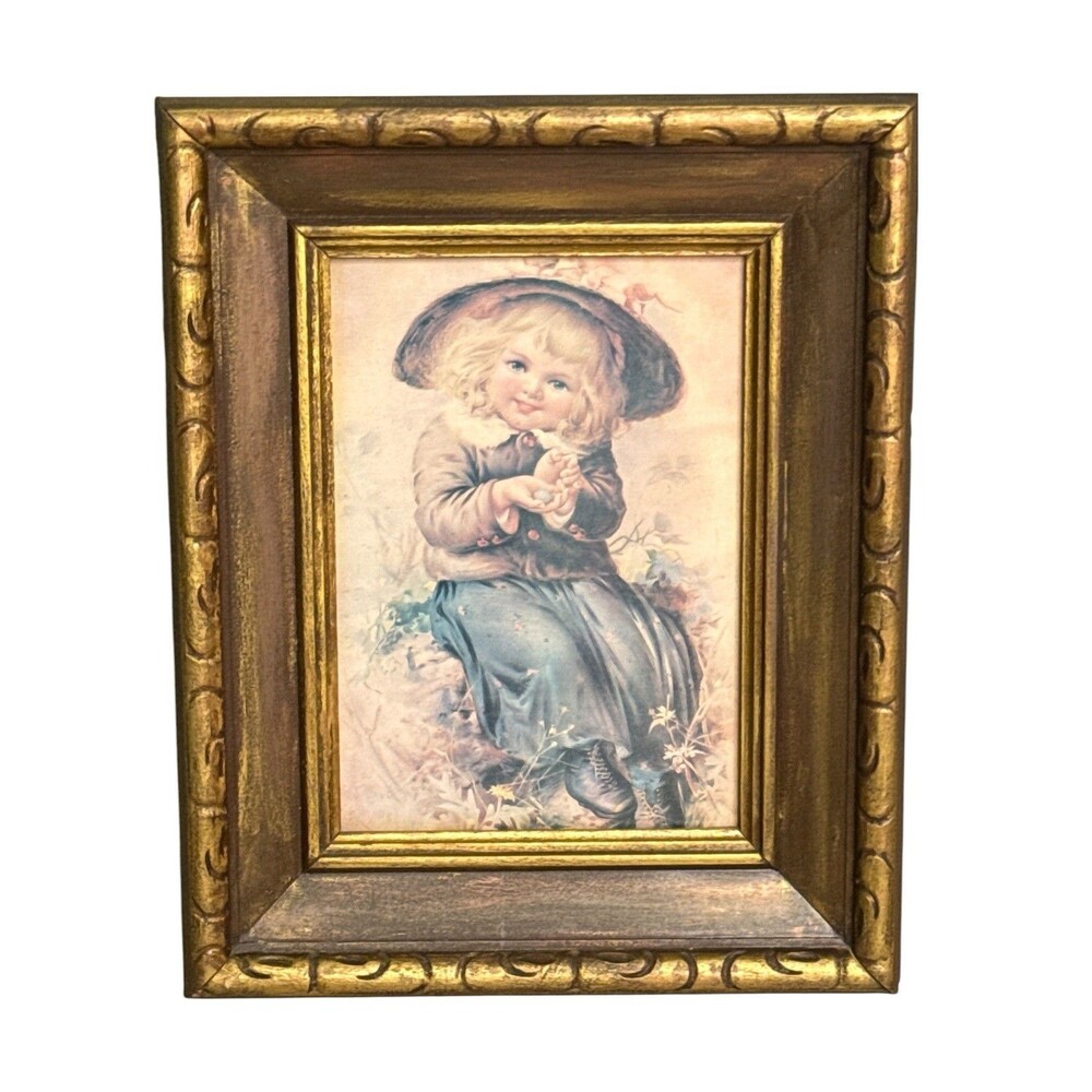 Vintage Victorian Style Little Girl Framed Print Ornate Gold Wood Frame 10.5"